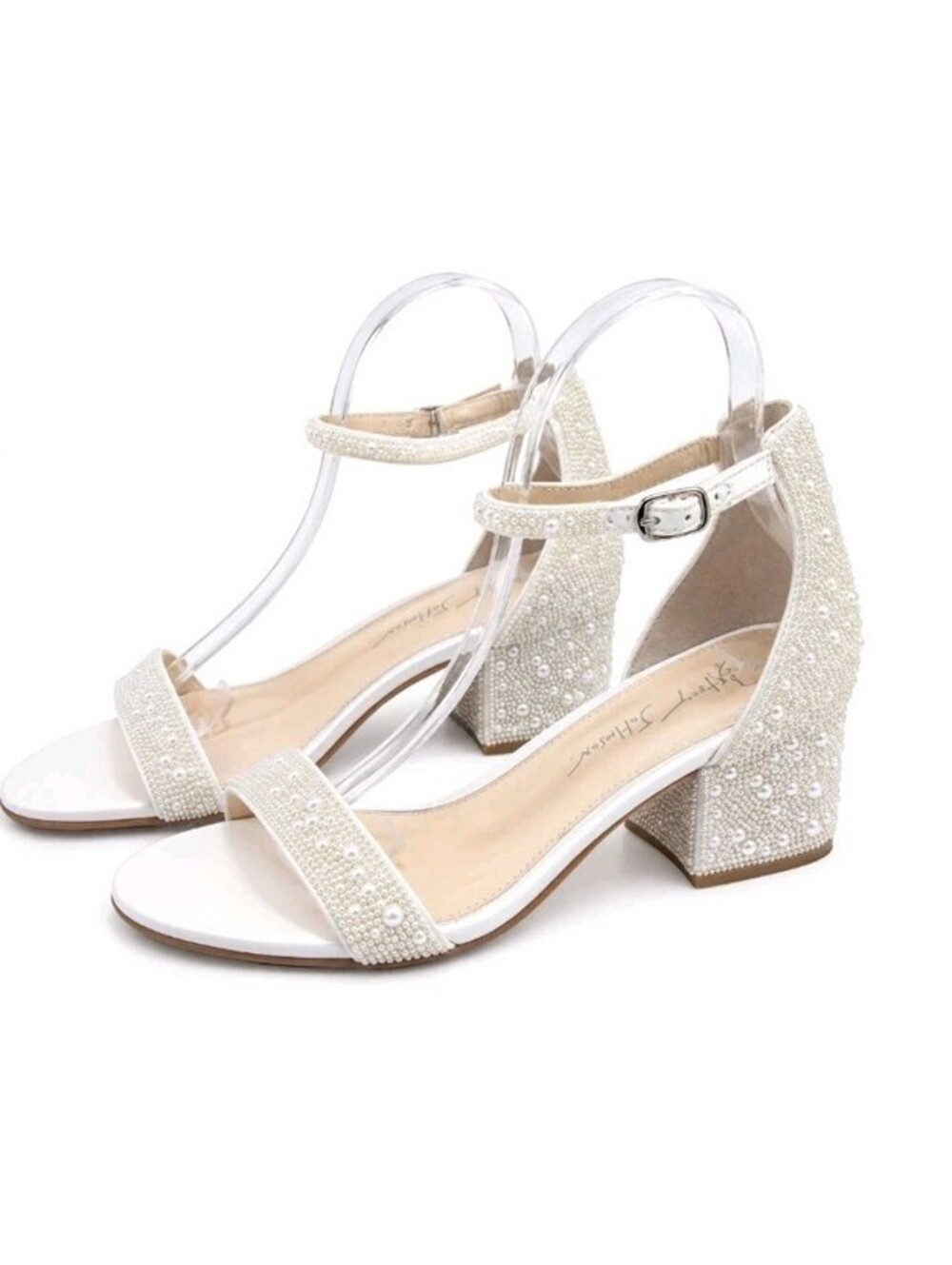 Betsey Johnson Sandals Womens Sz 8M White Mari Pearl Ankle Strap Block Heel